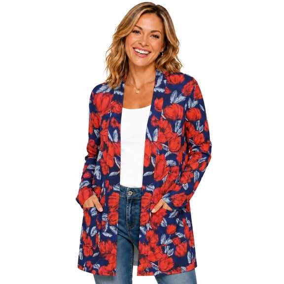 Women's Plus Size Navy Red Floral Cardigan, Long Sleeve Open Front Tunic with Pockets