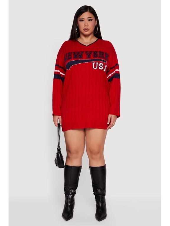 Women's Plus Size New York USA Graphic Long Sleeve Sweater Dress