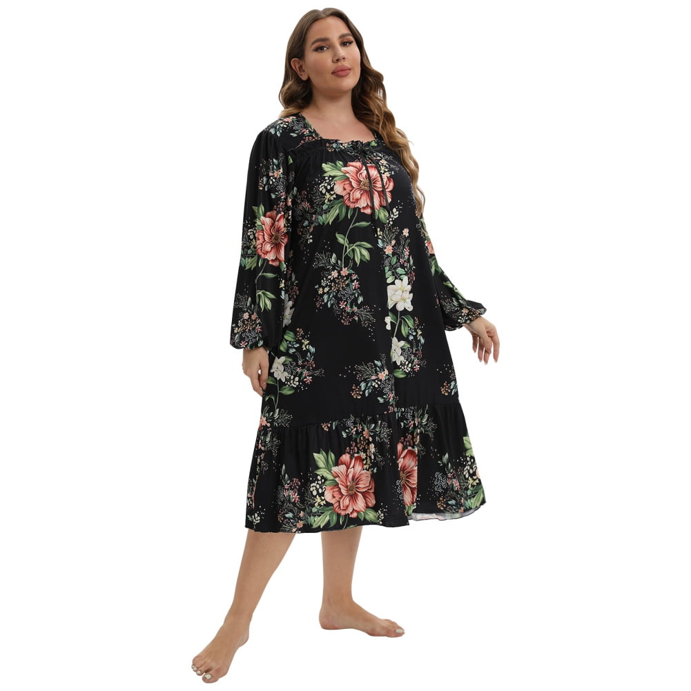 Women's Plus Size Nightgown Floral Long Sleeve House Dress Square Neck ...