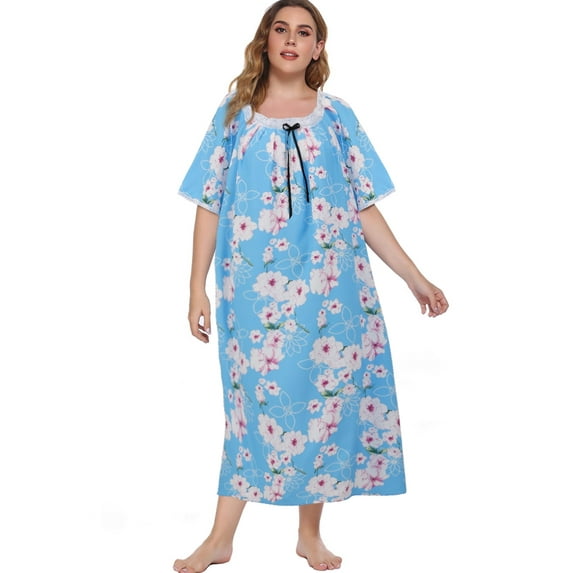 Women's Plus Size Nightgown Floral Print Long Sleepshirt Short Sleeve Square Neck Nightdress Comfy Lace Neckline Oversized Pajama Dress ,Light Blue XL-5XL