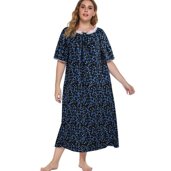 Women's Plus Size Nightgown Floral Print Long Sleepshirt Short Sleeve Square Neck Nightdress Comfy Lace Neckline Oversized Pajama Dress ,Navy Floral XL-5XL