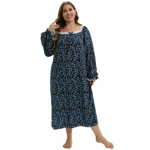 Women's Plus Size Nightgown Long Sleepwear Floral Printed Long Sleeve Lace Square Neck House Dress Sleepshirts, Navy Blue 3XL