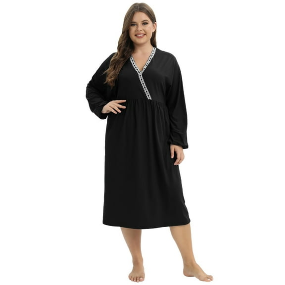 Women's Plus Size Nightgown Long Sleeve V Neck Crossover Sleepwear Soft Long House Dress, Black XL