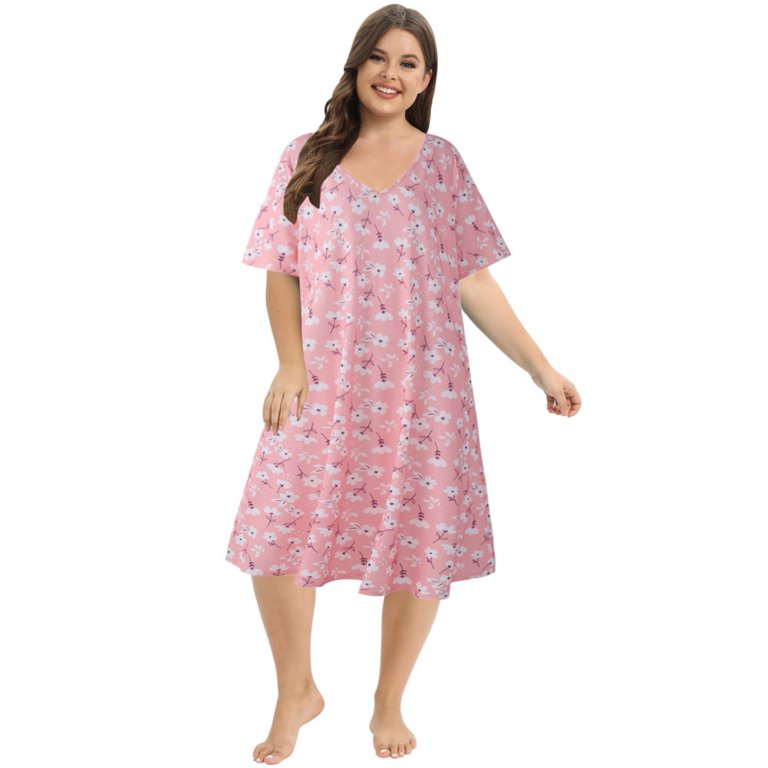 Women’s Plus Size Nightgown Short Sleeve Floral Printed Sleepwear 