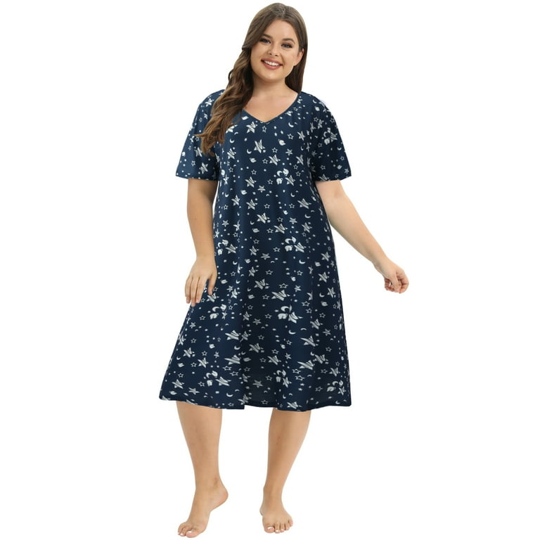 Women’s Plus Size Nightgown Short Sleeve Floral Printed Sleepwear 
