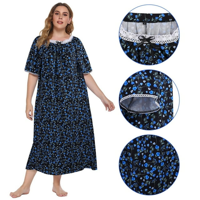 Women's Plus Size Nightgown Short Sleeve House Dress Sleepwear Long Nightdress Lace Square Neck