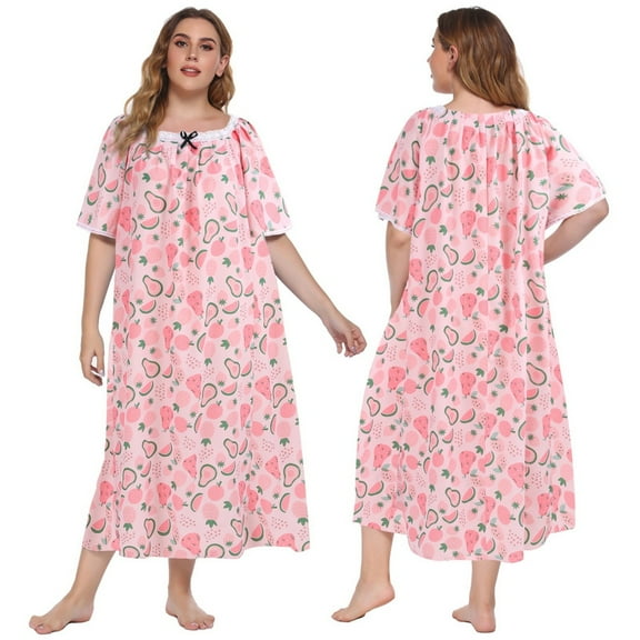 Women's Plus Size Nightgown Short Sleeve House Dress Sleepwear Long Nightdress Lace Square Neck Night Gown Oversized Loungewear Full Length Loose Sleep Dress Floral Print Sleepshirts,XL-5XL