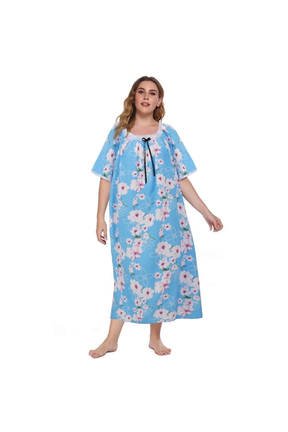 Women's Plus Size Nightgown Short Sleeve House Dress Sleepwear Long Nightdress Lace Square Neck Night Gown Oversized Loungewear Full Length Loose Sleep Dress Floral Print Sleepshirts,XL-5XL