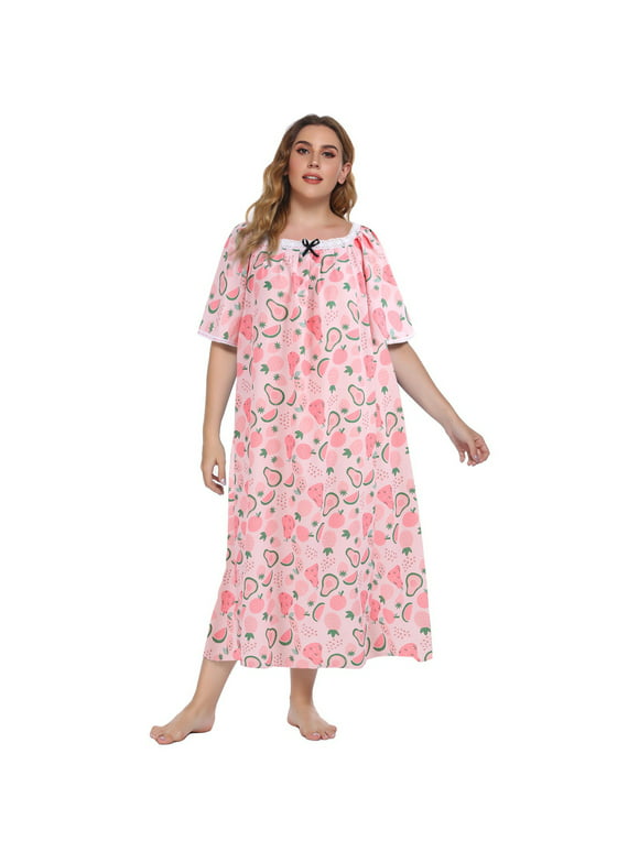 Women's Plus Size Nightgown Short Sleeve House Dress Vintage Lace Square Neck Night Gown Oversized Printed Mumu Duster Housecoat Soft Full Length Sleep Dress XL-5XL
