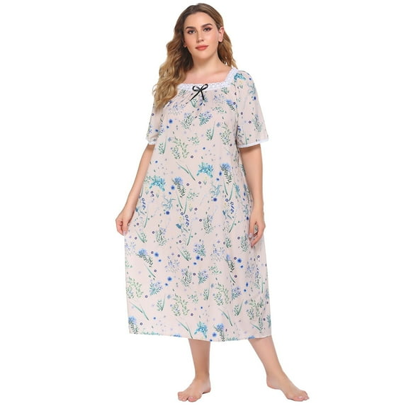 Women's Plus Size Nightgown Short Sleeves Duster Lounger Housewear Floral Print Pajamas Dress Beige 2XL