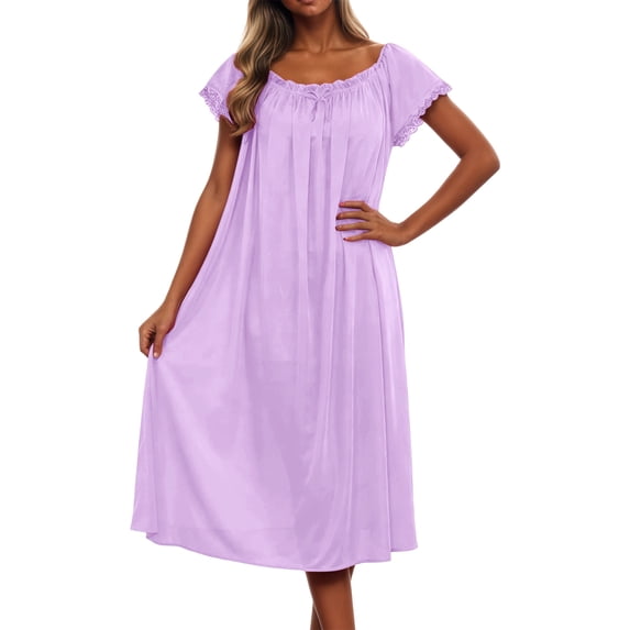 Women's Plus Size Nightgowns Contrast Lace Square Neck Short Sleeve Night Dress Light Purple One Size