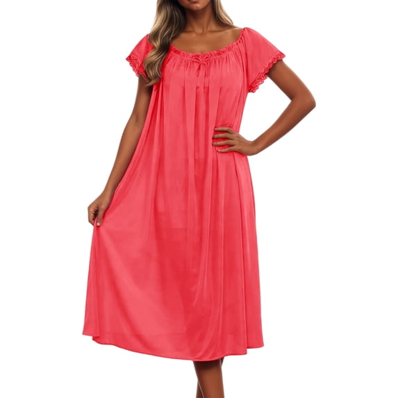 Women's Plus Size Nightgowns Contrast Lace Square Neck Short Sleeve Night Dress Red One Size