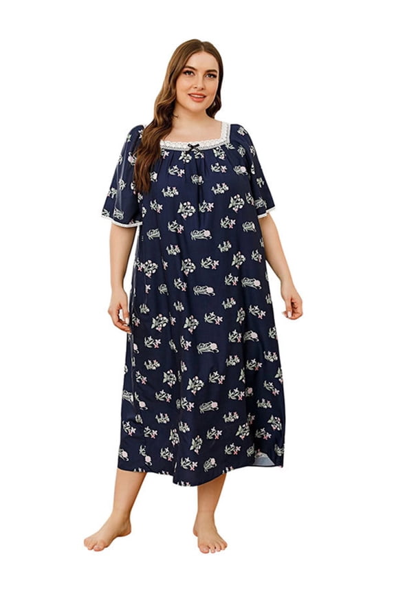 Women's Plus Size Nightgowns Floral Printed Long Sleepdress Lace Trimmed Neckline Nightshirts Soft Nightgowns Comfy Short Sleeve Ladies Sleepwear Gown