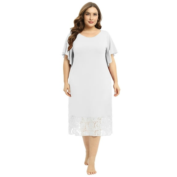 Women's Plus Size Nightgowns Short Sleeve Sleepwear Soft Round Neck Nightdress Pajama Shirts Flutter Sleeve Lace Panels Nightwear Homewear,White XL-4XL