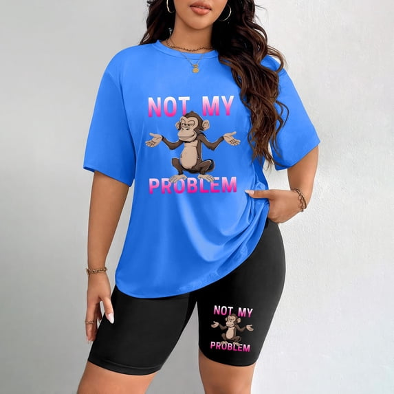 Women's Plus Size Not My Problem Monkey Print Short Sleeve T-Shirt & Shorts Set