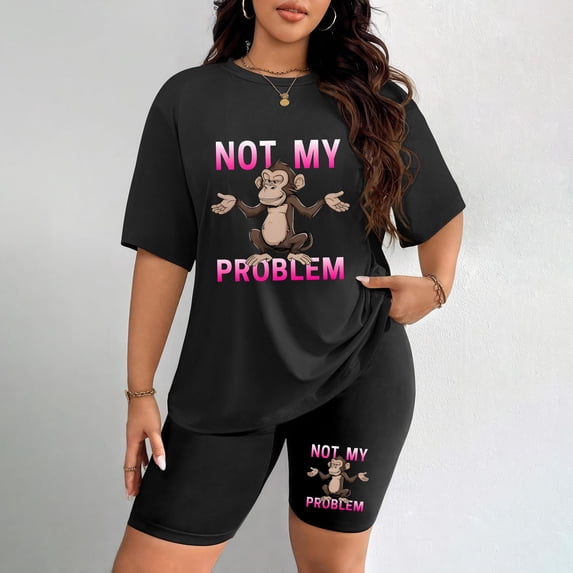 Women's Plus Size Not My Problem Monkey Print Short Sleeve T-Shirt & Shorts Set