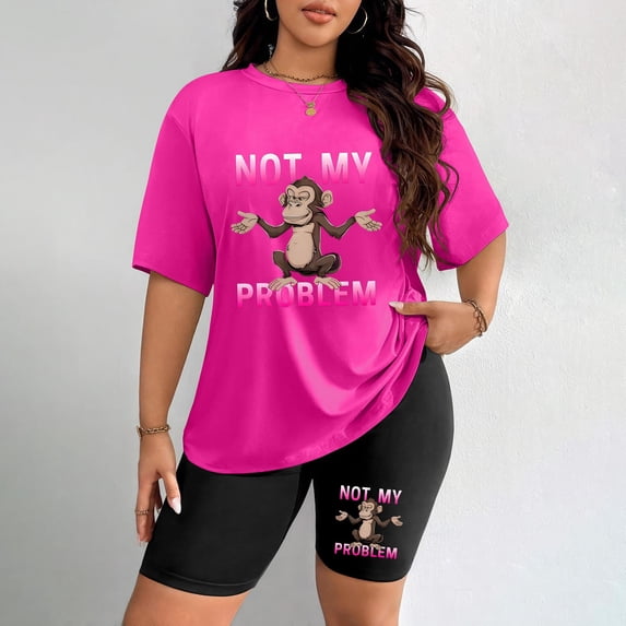 Women's Plus Size Not My Problem Monkey Print Short Sleeve T-Shirt & Shorts Set