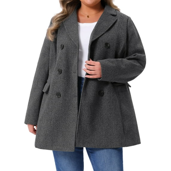 Women's Plus Size Notched Lapel Double Breasted Long Coat for Stylish Winter Wear 1X Dark Grey