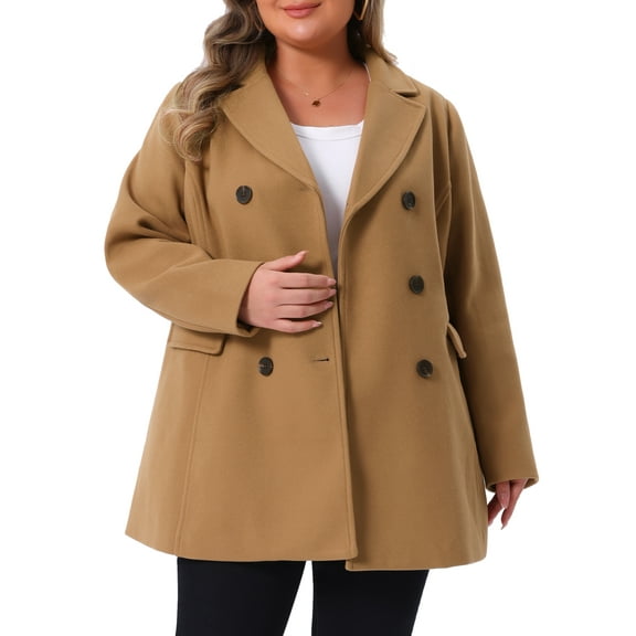 Women's Plus Size Notched Lapel Double Breasted Long Coat for Stylish Winter Wear 2X Camel