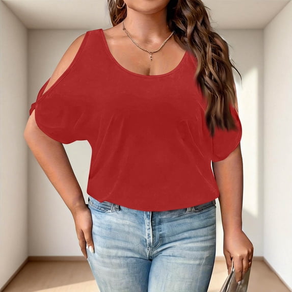Women's Plus Size Off Shoulder Batwing Sleeve Relaxed Fit Casual Summer T Shirt Tops Red XL