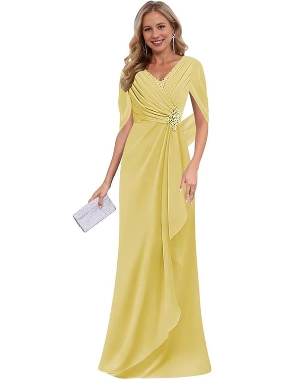 Women's Chiffon Maxi Formal Gown, V Neck Cape Sleeve Beaded Dress, Mother of Bride Dress