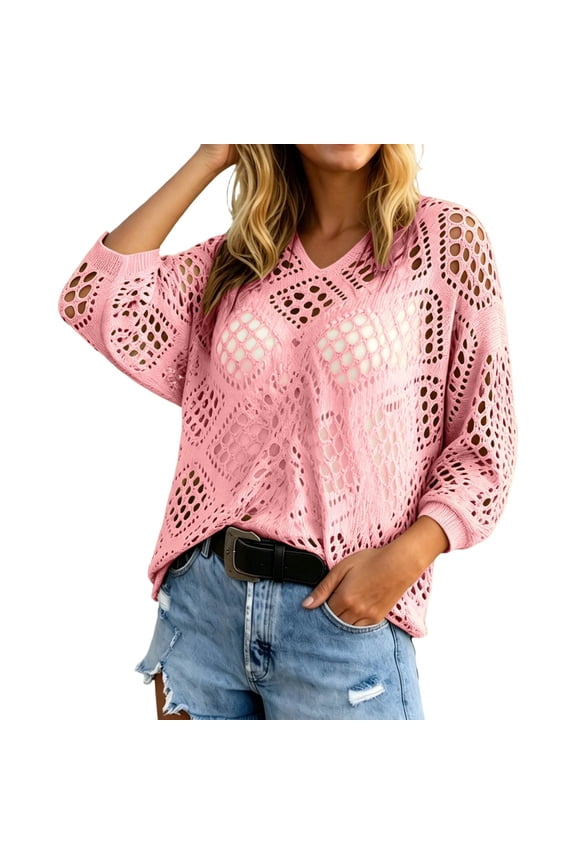 Women's Plus Size Off The Shoulder Poncho Cape Tops Hollow Out Going Out Beach Crop Top Pink XXL
