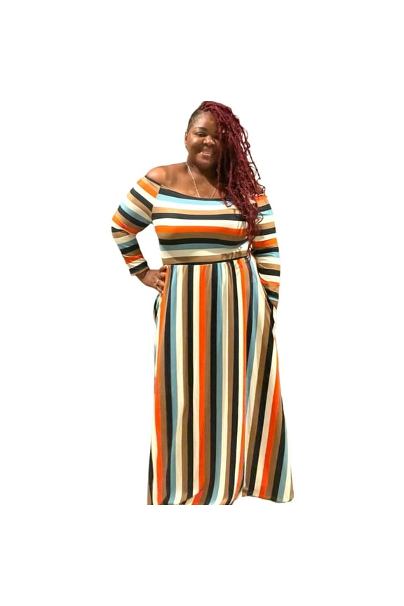 Women's Plus Size Off The Shoulder Striped Maxi Dress