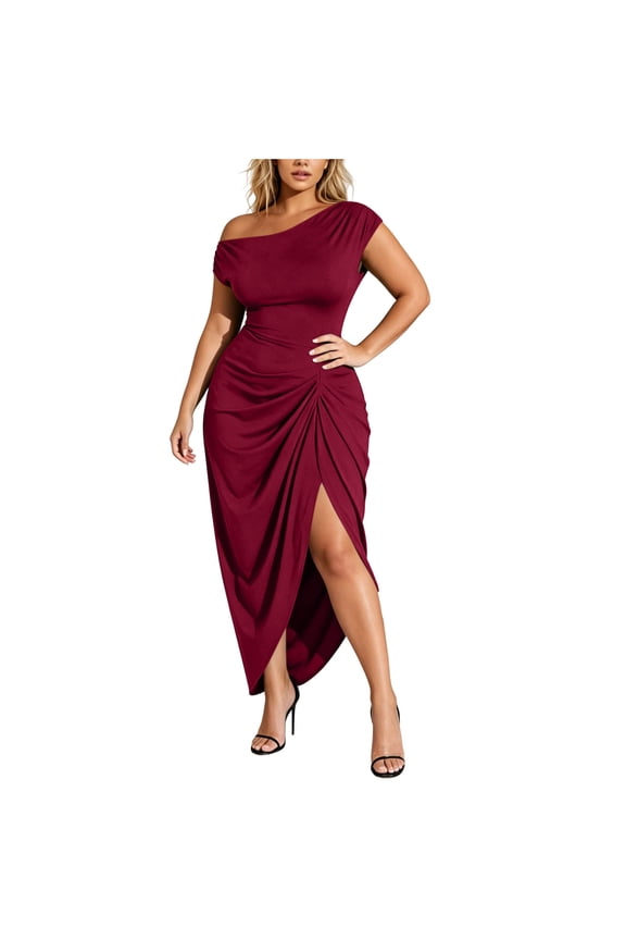 Women's Plus Size Off the Shoulder Wedding Guest Dress, Elegant Ruched Summer Slit Cocktail Party Dresses