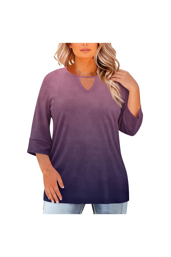 Women's Plus Size Ombre Print Top, Round Neck Three Quarter Sleeve Oversized Casual Blouse, Trendy Loose Fit Shirt for Artistic Outings or Daily Wear, Multicolor - XL