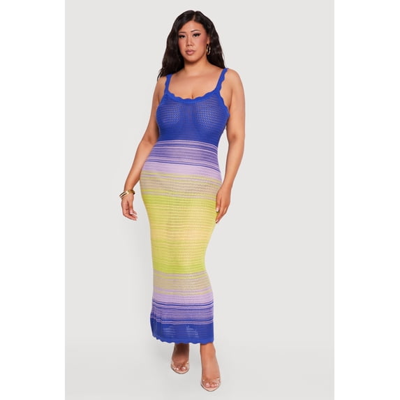 Women's Plus Size Ombre Striped Crochet Cami Maxi Dress