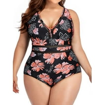 Women's Plus Size One Piece Swimsuit V Neck Tummy Control Hollow Out Swimwears Bathing Suits