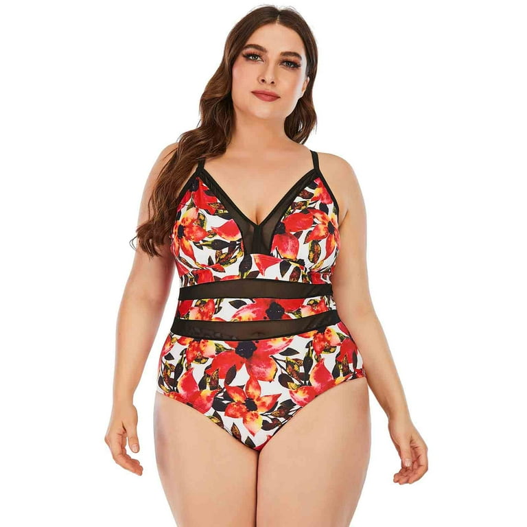 Women's Plus Size One Piece Swimsuits Floral Print Bathing Suits Mesh  Crisscross Back Swimwear Monokini High Cut Beachwear