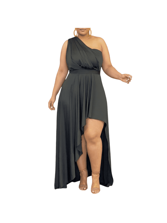 Women's Plus Size One Shoulder Maxi Dress - Elegant Ruched Asymmetrical High-Low Hem Semi-Formal Dress for Party, Wedding Guest