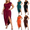thumbnail image 1 of Women's Plus Size One Shoulder Midi Dress Ruched Split Short Sleeve Bodycon Dresses Red XL(XL), 1 of 6