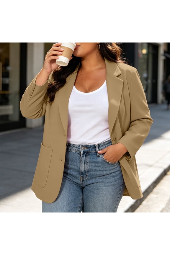 Women's Plus Size Open Front Long Sleeve Blazer Lapel Collar Dual Side Patch Pockets Solid Plain Shades Loose Fit for Office Commutes Weekend City Outings Khaki XXL