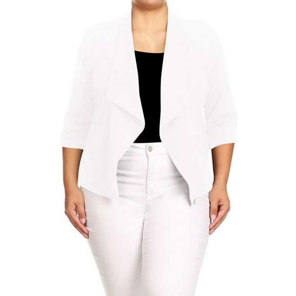 Moa Collection Women's Chic Plus Size Office Blazer – Rolled Up 3/4 Sleeves Open Front