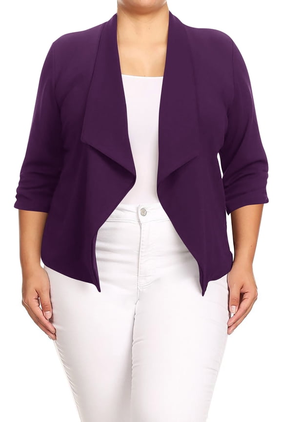 Moa Collection Women's Chic Plus Size Office Blazer – Rolled Up 3/4 Sleeves Open Front