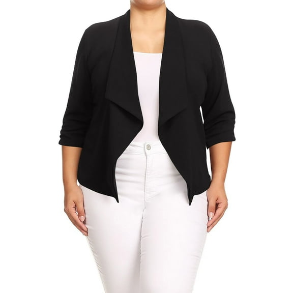 Moa Collection Women's Chic Plus Size Office Blazer – Rolled Up 3/4 Sleeves Open Front