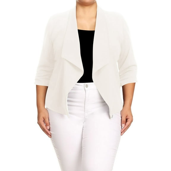 Moa Collection Women's Chic Plus Size Office Blazer – Rolled Up 3/4 Sleeves Open Front