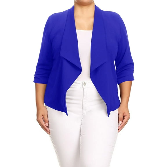 Moa Collection Women's Chic Plus Size Office Blazer – Rolled Up 3/4 Sleeves Open Front