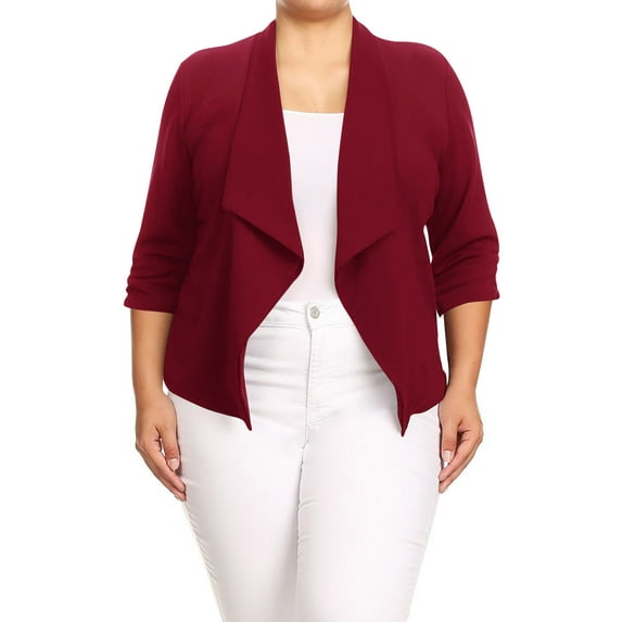 Moa Collection Women's Chic Plus Size Office Blazer – Rolled Up 3/4 Sleeves Open Front