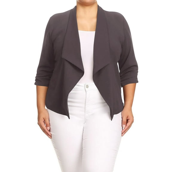 Moa Collection Women's Chic Plus Size Office Blazer – Rolled Up 3/4 Sleeves Open Front
