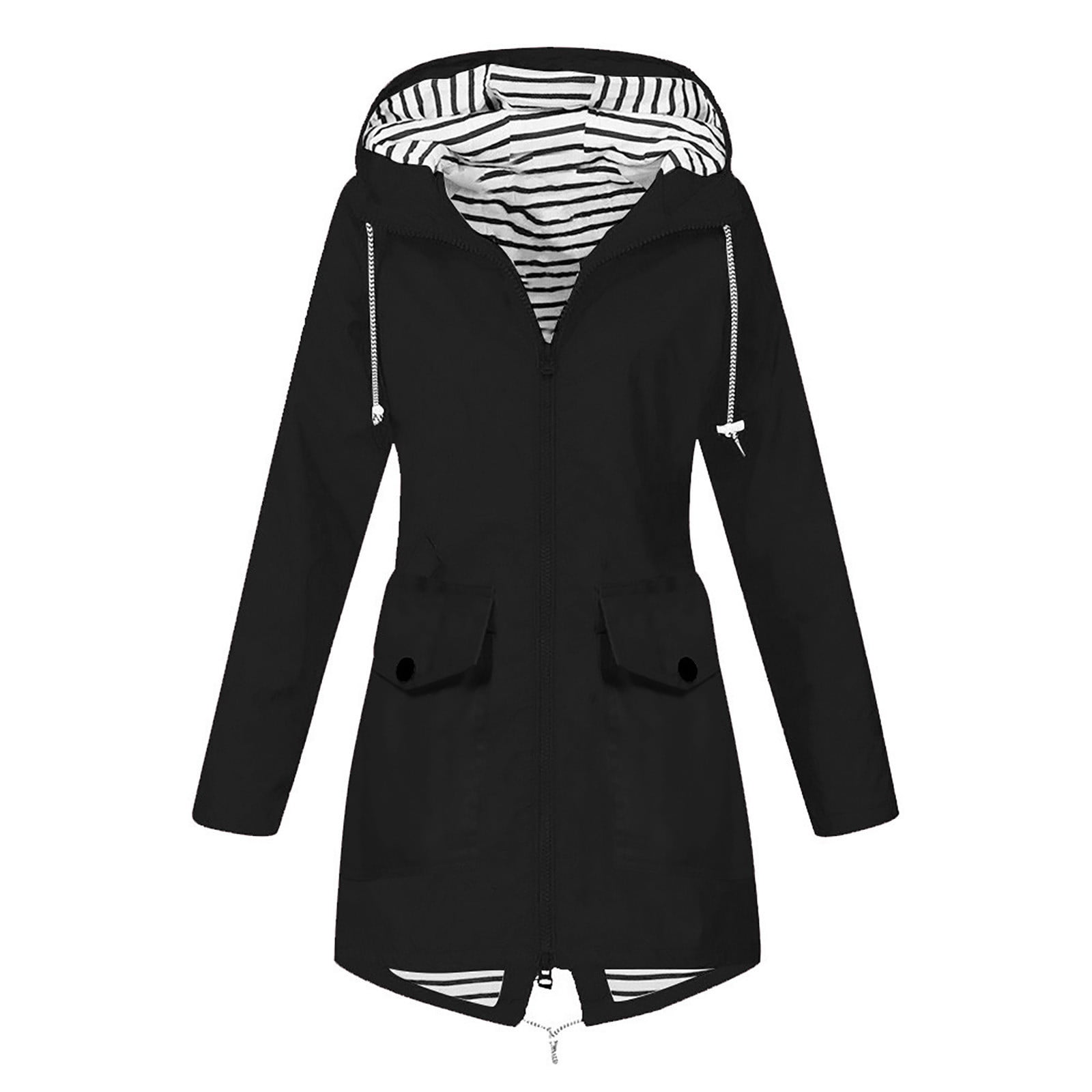 Women s Plus Size Outerwears Fall Fashion Winter Windproof Long Jacket Zip Up Waterproof Hooded Sweatshirt Drawstring Solid Color Outdoor Hiking Raincoat Lightweight Long Coat with Pocket Black XXL Wa...