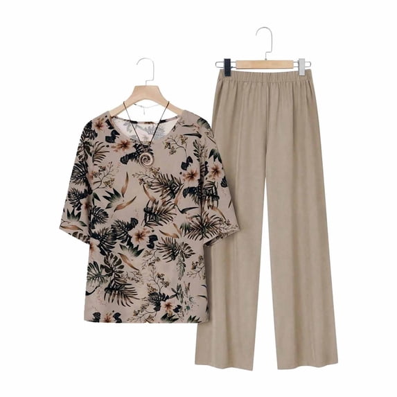 Women's Plus Size Outfits Crew Neck Short Sleeve Print Tees Elastic Waist Pants Summer Casual Two Piece Suit (5XL, Khaki)