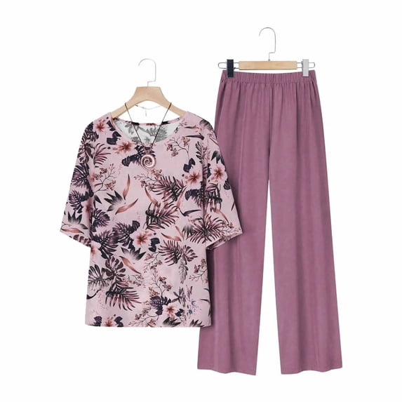Women's Plus Size Outfits Crew Neck Short Sleeve Print Tees Elastic Waist Pants Summer Casual Two Piece Suit (XXL, Purple)