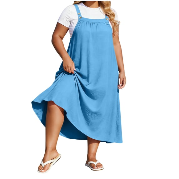 Women's Plus Size Overall Midi Dress, Casual Loose Sleeveless Button Strap Beach Dress, Summer Vacation Flowy Sundress for Curvy Women XL-5XL