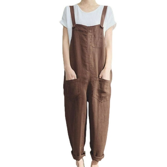 Women's Plus Size Overalls Strap Cargo Jumpsuit Summer Loose Oversize Cotton Linen Rompers with Pocket