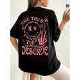 thumbnail image 1 of Women's Plus Size Oversized Graphic T-Shirt - "Have The Day You Deserve" Slogan with Stars & Lightning Bolts, Black & Pink Casual Short Sleeve Round Neck Top, Machine Washable Summer Spring Tee, 1 of 4