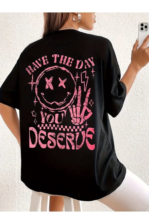 Women's Plus Size Oversized Graphic T-Shirt - "Have The Day You Deserve" Slogan with Stars & Lightning Bolts, Black & Pink Casual Short Sleeve Round Neck Top, Machine Washable Summer Spring Tee