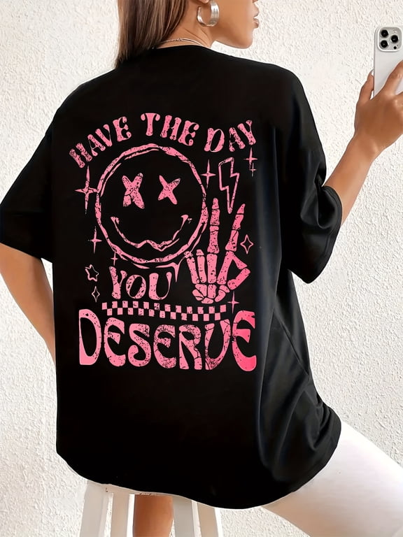 Women's Plus Size Oversized Graphic T-Shirt - "Have The Day You Deserve" Slogan with Stars & Lightning Bolts, Black & Pink Casual Short Sleeve Round Neck Top, Machine Washable Summer Spring Tee